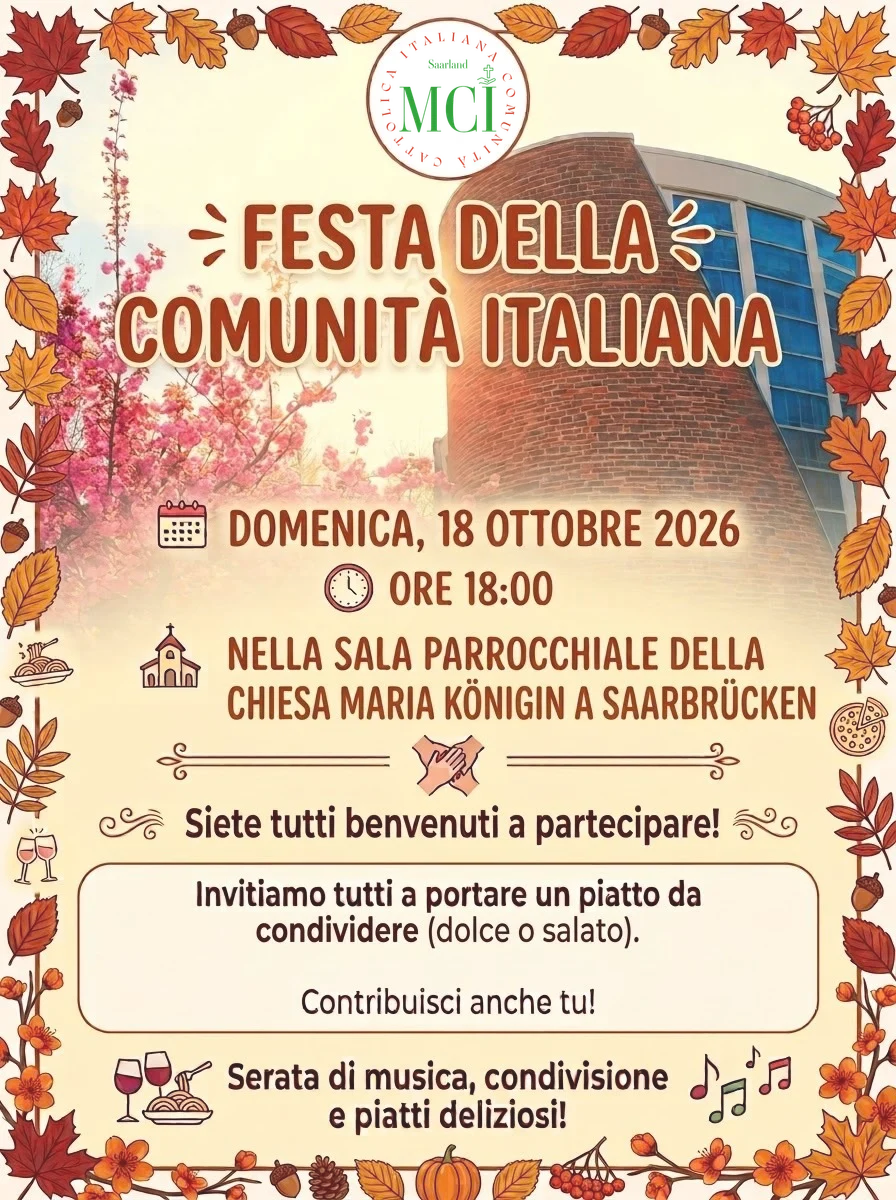 Volantino per la festa della comunità italiana Invito alla festa della comunità italiana il 18 ottobre 2026